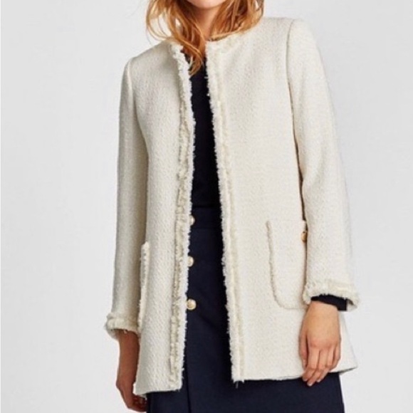 Zara Jackets & Blazers - Zara Tweed Boucle Coat Fringe Raw Edges Open Front Lined XS Pockets